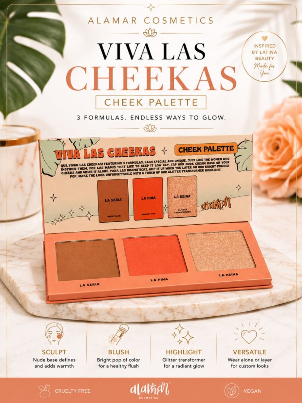 Alamar Cosmetics Viva Las Cheekas Cheek Palette Blush Bronzer Highlighter New